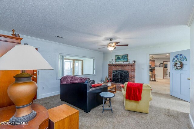 4512 Rivershore Dr, New Bern, NC 28560 - living room with ceiling fan, carpet floors, ornamental molding, a textured ceiling, and a fireplace
