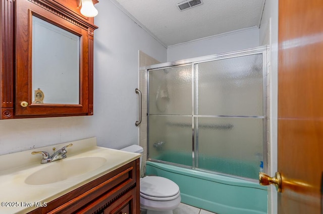 4512 Rivershore Dr, New Bern, NC 28560 - full bath featuring vanity, toilet, a textured ceiling, ornamental molding, and bath / shower combo with glass door
