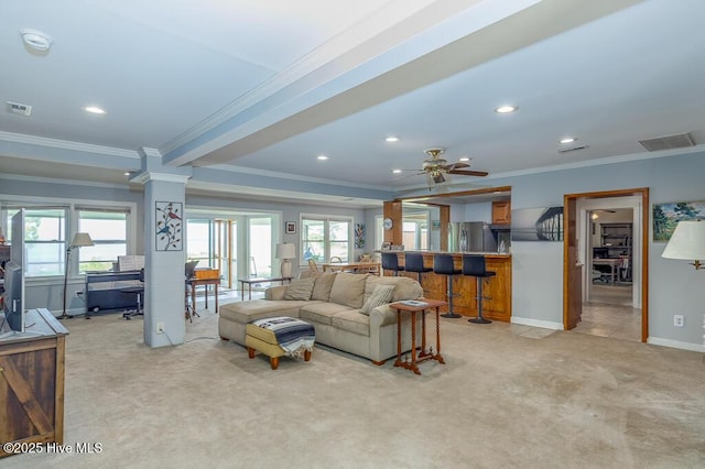 4512 Rivershore Dr, New Bern, NC 28560 - living area with ornamental molding, light carpet, ceiling fan, recessed lighting, and baseboards