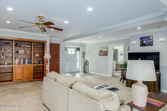 4512 Rivershore Dr, New Bern, NC 28560 - living room featuring light carpet, a ceiling fan, ornamental molding, recessed lighting, and baseboards