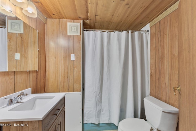 660 Beachview Dr SE, Bolivia, NC 28422 - bathroom featuring wood ceiling, toilet, wood walls, vanity, and a shower with shower curtain