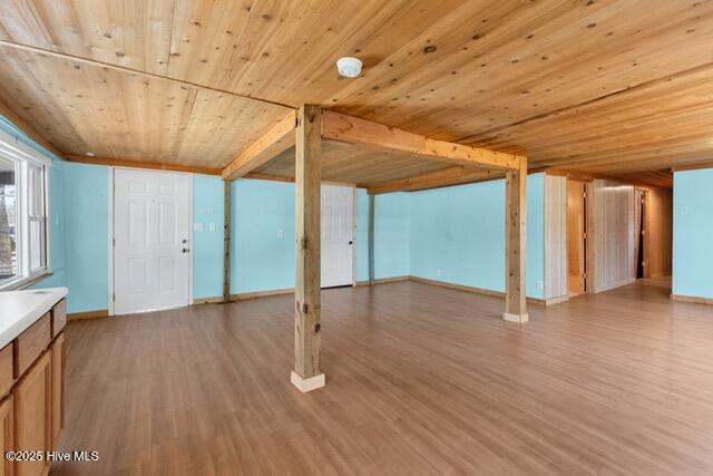 660 Beachview Dr SE, Bolivia, NC 28422 - unfurnished living room featuring wood ceiling and wood finished floors
