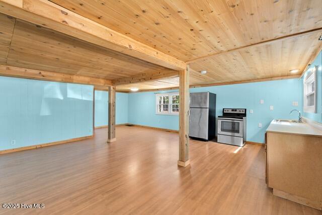 660 Beachview Dr SE, Bolivia, NC 28422 - kitchen featuring appliances with stainless steel finishes, wooden ceiling, a sink, light wood-style floors, and baseboards