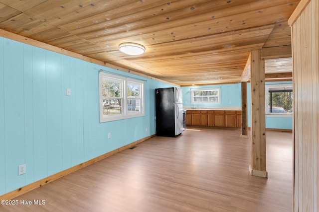 660 Beachview Dr SE, Bolivia, NC 28422 - unfurnished living room with light wood-type flooring, wooden ceiling, baseboards, and a sink