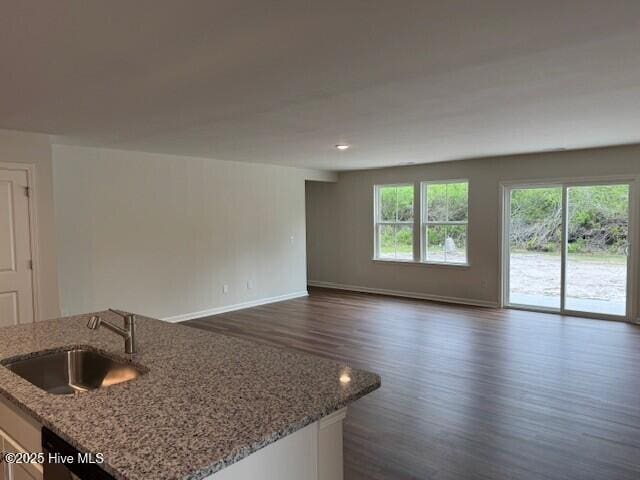 1120 Goldsboro Rd, Boiling Spring Lakes, NC 28461 - kitchen with dark wood finished floors, open floor plan, light stone counters, an island with sink, and recessed lighting