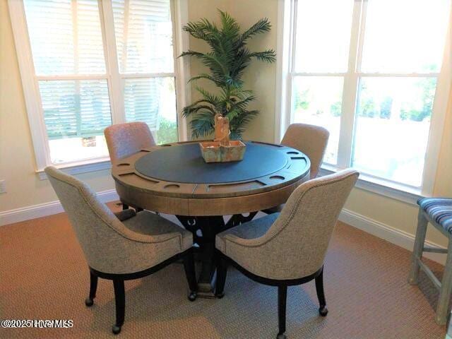 carpeted dining space featuring plenty of natural light and baseboards