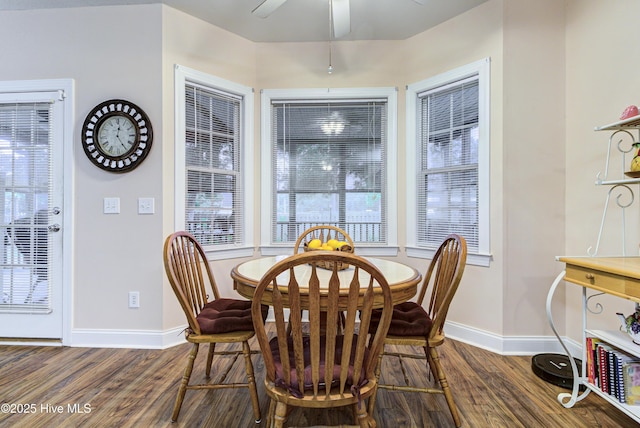 203 Abbey Ln, Wilmington, NC 28411 - dining room with baseboards, dark wood-type flooring, and ceiling fan