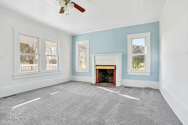 159 Shady Lane Rd, Willard, NC 28478 - unfurnished living room featuring crown molding, carpet, ceiling fan, a fireplace, and baseboards