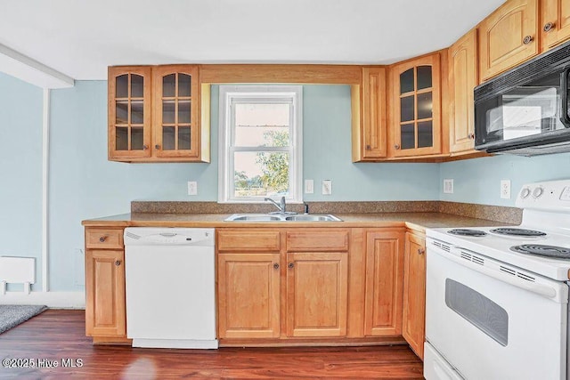 159 Shady Lane Rd, Willard, NC 28478 - kitchen with white appliances, a sink, glass insert cabinets, and dark wood finished floors