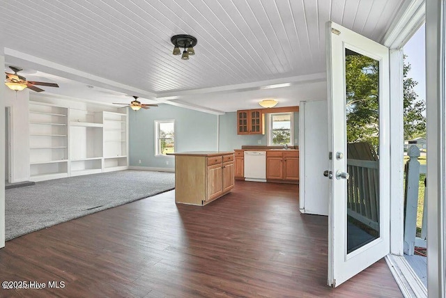 159 Shady Lane Rd, Willard, NC 28478 - kitchen with white dishwasher, healthy amount of natural light, a ceiling fan, glass insert cabinets, and wood ceiling