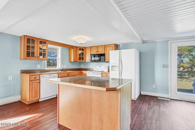 159 Shady Lane Rd, Willard, NC 28478 - kitchen with white appliances, dark wood finished floors, a sink, and glass insert cabinets