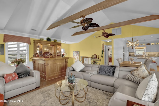 53 N Ridge Ln, Surf City, NC 28445 - living area with a ceiling fan, wood finished floors, and a chandelier