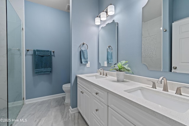 full bathroom with toilet, a tile shower, and double vanity
