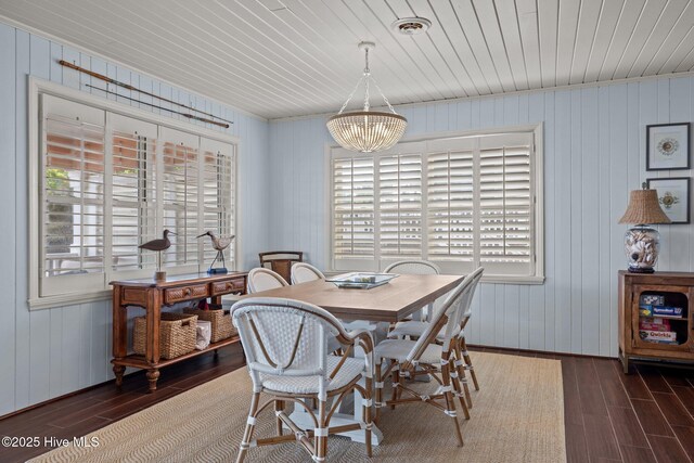 5709 Ocean Dr, Emerald Isle, NC 28594 - dining room with wood finished floors, plenty of natural light, wood walls, and wooden ceiling