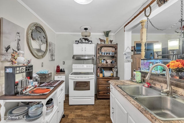 2601 Mayberry Loop Rd, Morehead City, NC 28557 - kitchen with a sink, white electric range oven, under cabinet range hood, white cabinetry, and crown molding