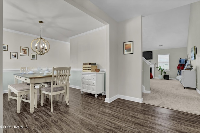 dining room with baseboards, dark wood-style floors, a chandelier, and ornamental molding