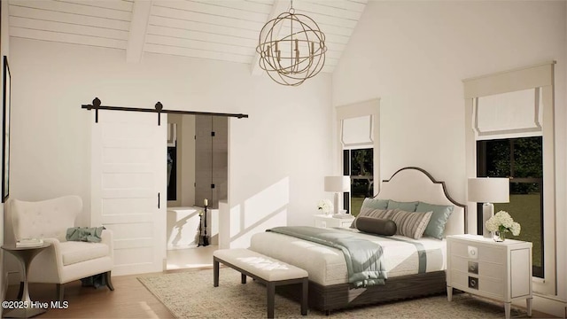 9 Mashie Ct SW, Carolina Shores, NC 28467 - bedroom featuring a barn door, wood finished floors, and a chandelier
