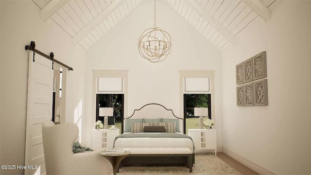 9 Mashie Ct SW, Carolina Shores, NC 28467 - carpeted bedroom with a barn door, high vaulted ceiling, a chandelier, beam ceiling, and baseboards