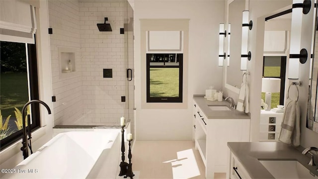9 Mashie Ct SW, Carolina Shores, NC 28467 - full bath featuring a stall shower, vanity, and a freestanding bath