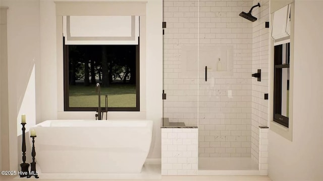 9 Mashie Ct SW, Carolina Shores, NC 28467 - bathroom featuring a shower stall, a freestanding bath, and a sink