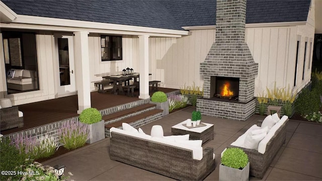 9 Mashie Ct SW, Carolina Shores, NC 28467 - view of patio featuring an outdoor living space with a fireplace