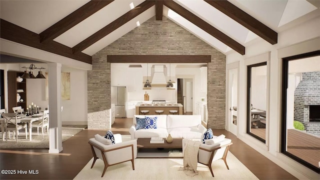 9 Mashie Ct SW, Carolina Shores, NC 28467 - living area with beamed ceiling, wood finished floors, and high vaulted ceiling