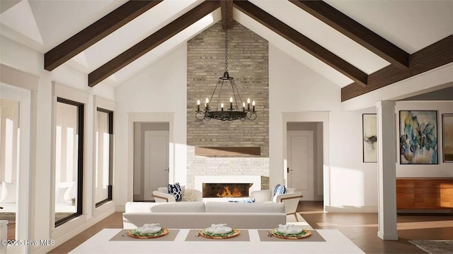9 Mashie Ct SW, Carolina Shores, NC 28467 - living area featuring high vaulted ceiling, beam ceiling, a chandelier, a large fireplace, and wood finished floors