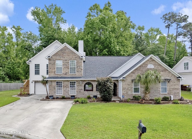 3446 Constable Way, Wilmington, NC 28405 - traditional-style house with an attached garage, driveway, brick siding, a chimney, and roof with shingles