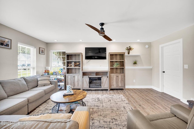 3446 Constable Way, Wilmington, NC 28405 - living room with a ceiling fan, light wood-style floors, recessed lighting, and baseboards