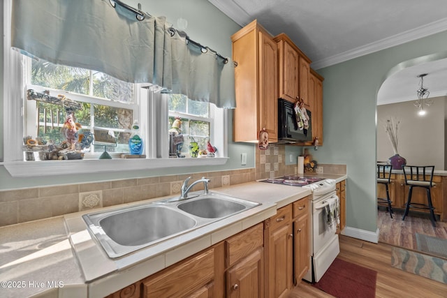 270 N Jenkins St, Holly Ridge, NC 28445 - kitchen featuring white electric range oven, black microwave, ornamental molding, a sink, and tile counters