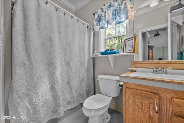 270 N Jenkins St, Holly Ridge, NC 28445 - bathroom featuring ornamental molding, toilet, vanity, baseboards, and curtained shower