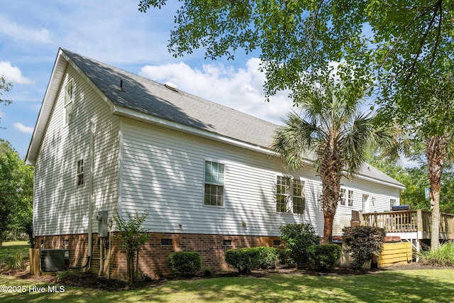 270 N Jenkins St, Holly Ridge, NC 28445 - view of property exterior with central AC unit, a deck, crawl space, and a yard