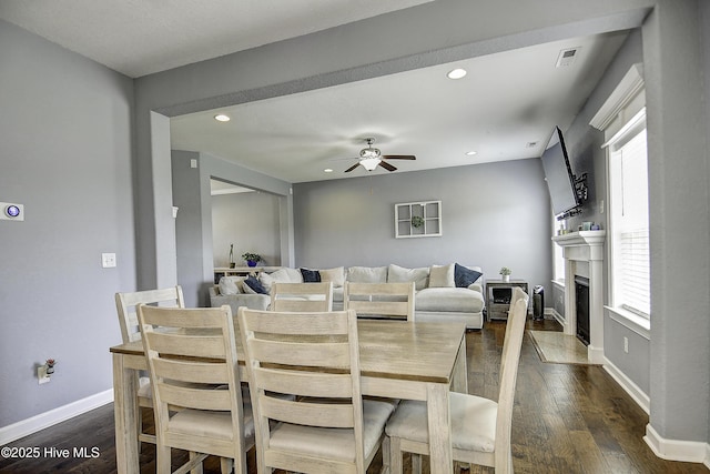 115 Elrod Rd, Moyock, NC 27958 - dining area with a ceiling fan, dark wood-style flooring, baseboards, healthy amount of natural light, and recessed lighting