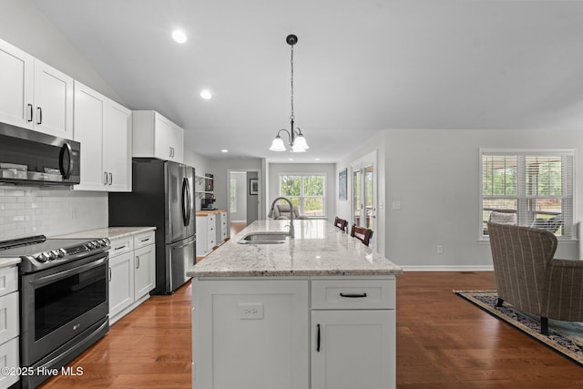 1139 Cranes Creek Rd, Cameron, NC 28326 - kitchen featuring stainless steel appliances, a sink, backsplash, dark wood-style floors, and recessed lighting
