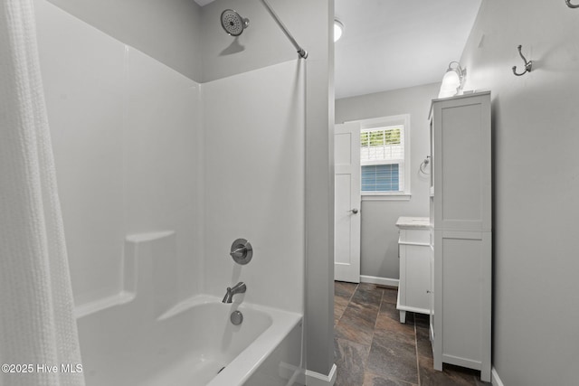 1139 Cranes Creek Rd, Cameron, NC 28326 - bathroom with stone tile flooring, baseboards, shower / tub combo, and vanity