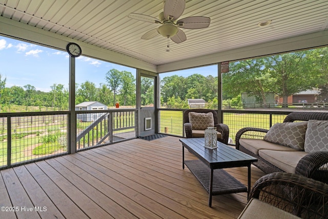 1139 Cranes Creek Rd, Cameron, NC 28326 - wooden terrace with ceiling fan, a lawn, and an outdoor living space