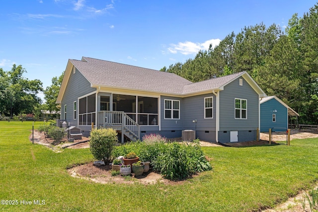 1139 Cranes Creek Rd, Cameron, NC 28326 - rear view of property with a sunroom, crawl space, a yard, and a shingled roof
