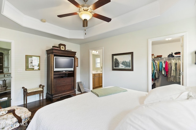 bedroom with dark wood finished floors, a raised ceiling, a closet, a walk in closet, and baseboards