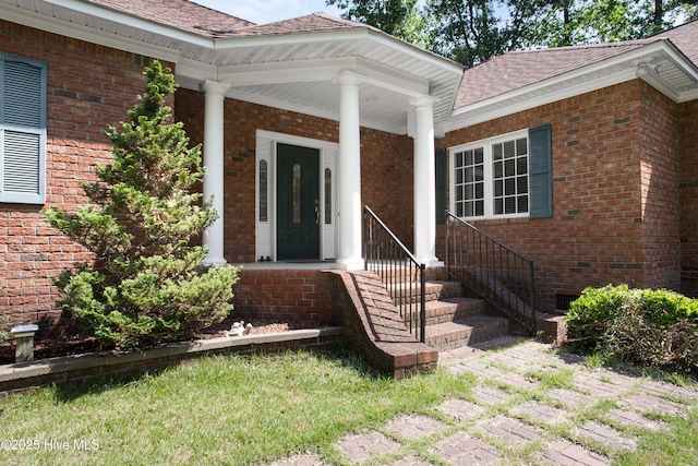 143 Rock Creek Dr, New Bern, NC 28562 - doorway to property featuring brick siding and roof with shingles