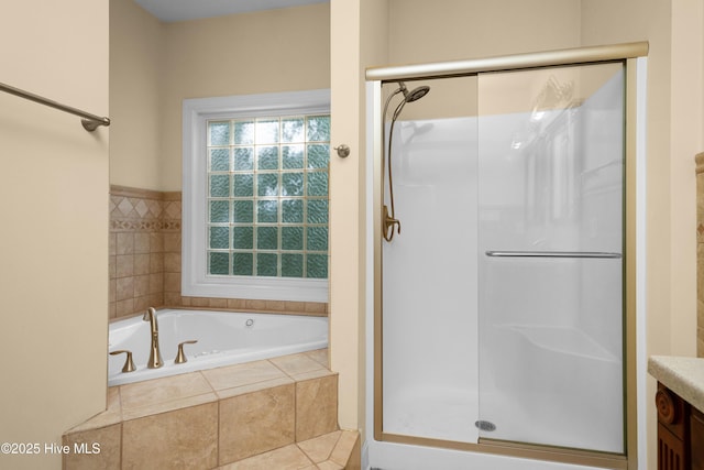 143 Rock Creek Dr, New Bern, NC 28562 - full bathroom with a shower stall, a garden tub, and vanity