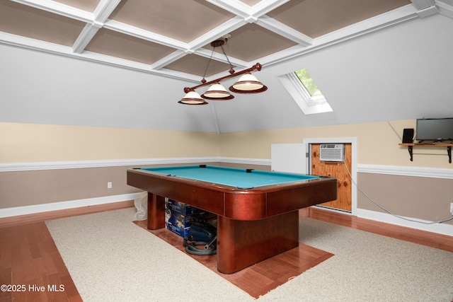 143 Rock Creek Dr, New Bern, NC 28562 - recreation room with a skylight, baseboards, wood finished floors, and billiards table
