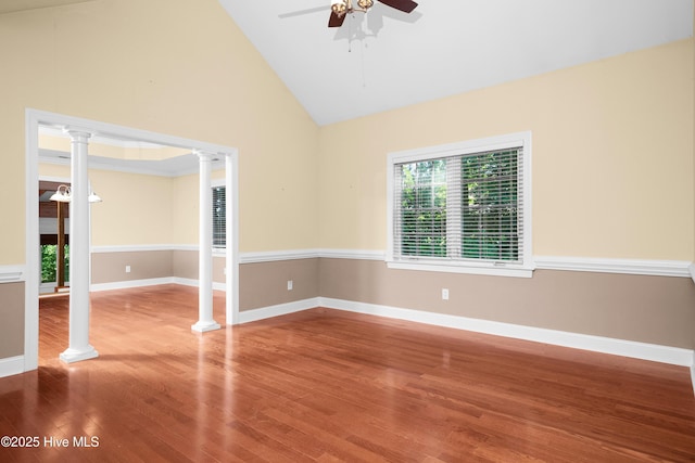 143 Rock Creek Dr, New Bern, NC 28562 - unfurnished room with wood finished floors, ceiling fan, ornate columns, high vaulted ceiling, and baseboards
