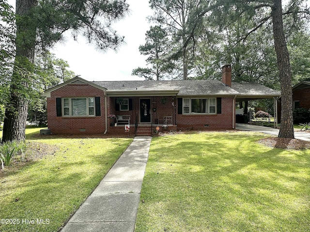 single story home with crawl space, brick siding, a chimney, and a front yard