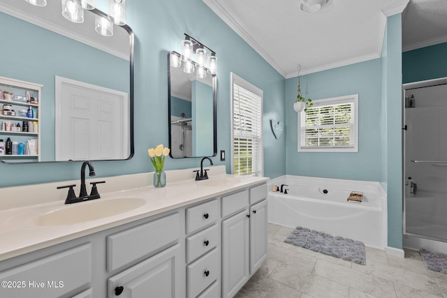 full bathroom with crown molding, a stall shower, a bath, double vanity, and tile patterned flooring