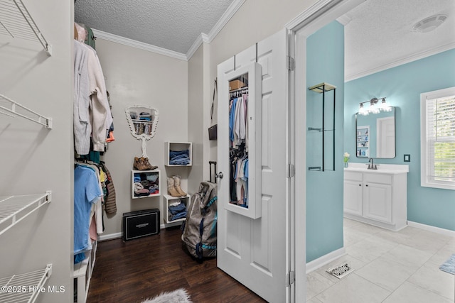walk in closet with a sink and light wood-type flooring