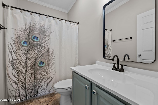full bath with crown molding, toilet, and vanity
