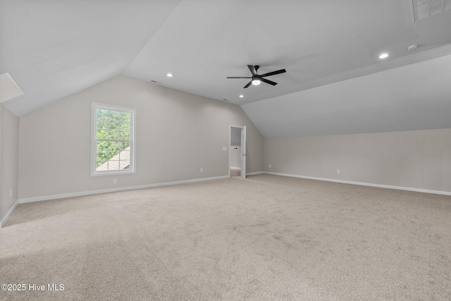 bonus room featuring vaulted ceiling, carpet floors, baseboards, recessed lighting, and a ceiling fan