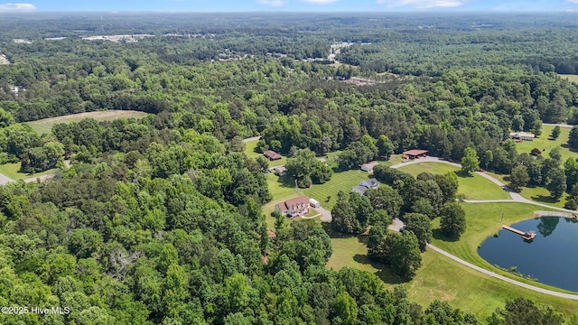aerial overview of property's location with a heavily wooded area and a large body of water