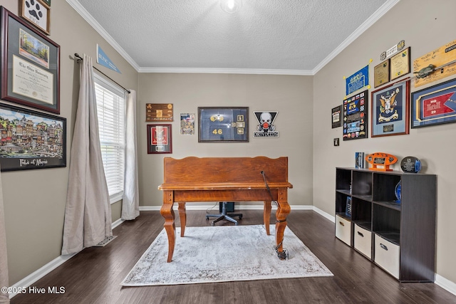 office area featuring wood finished floors, a textured ceiling, ornamental molding, and baseboards
