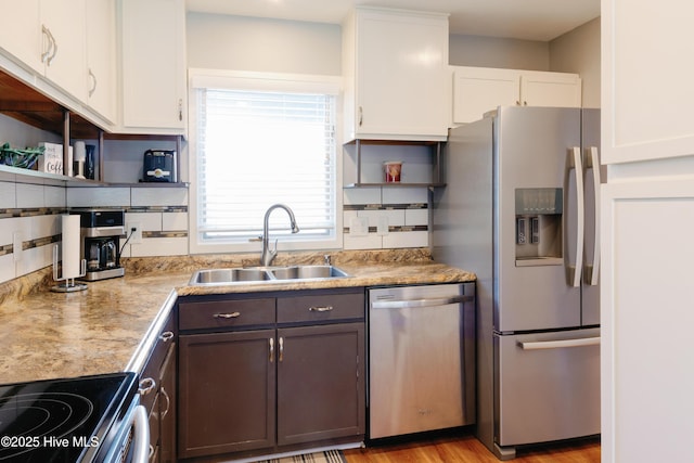 131 Paddle Wheel Cir, Washington, NC 27889 - kitchen with appliances with stainless steel finishes, open shelves, a sink, white cabinets, and backsplash